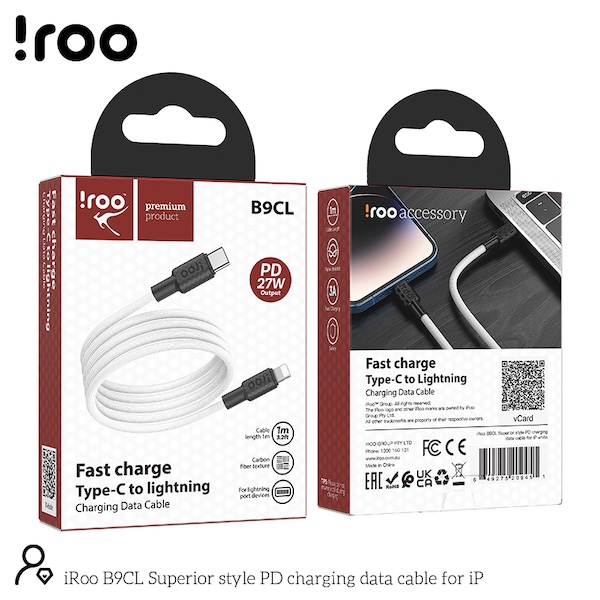 iRoo B9CL 1M Carbon Fiber Texture | 27W PD Fast Charging Type-C to Lightning Cable - 1M